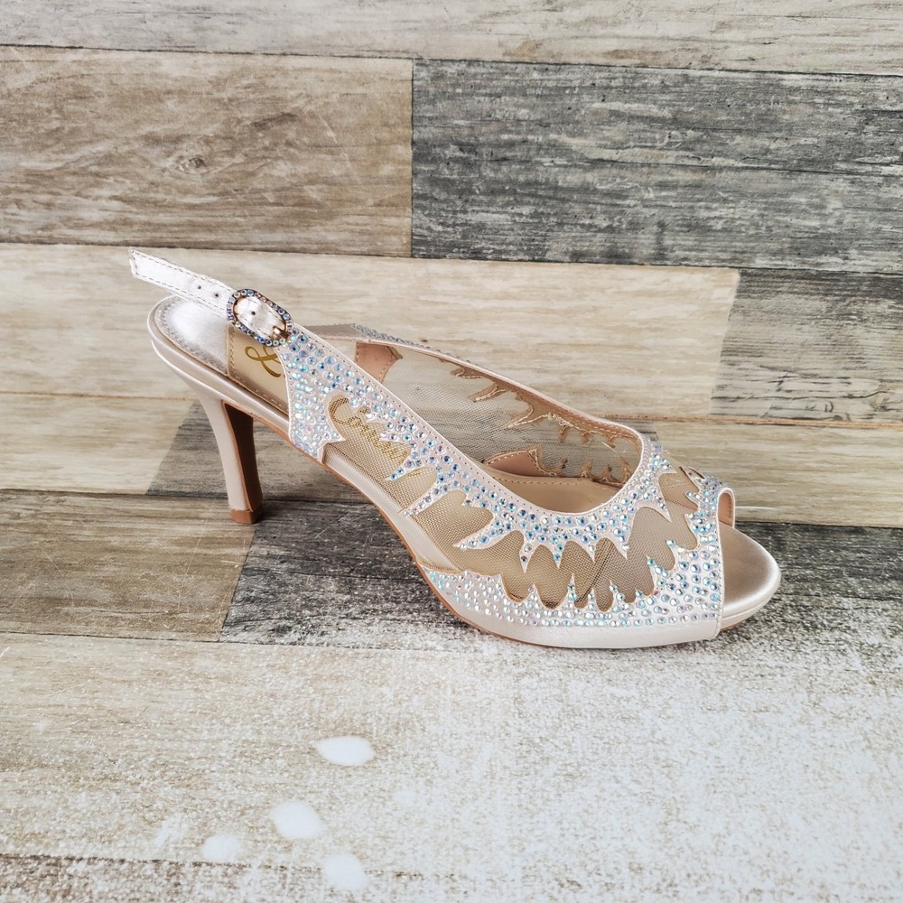 Rhinestone-Embellished Champagne Slingback Heels